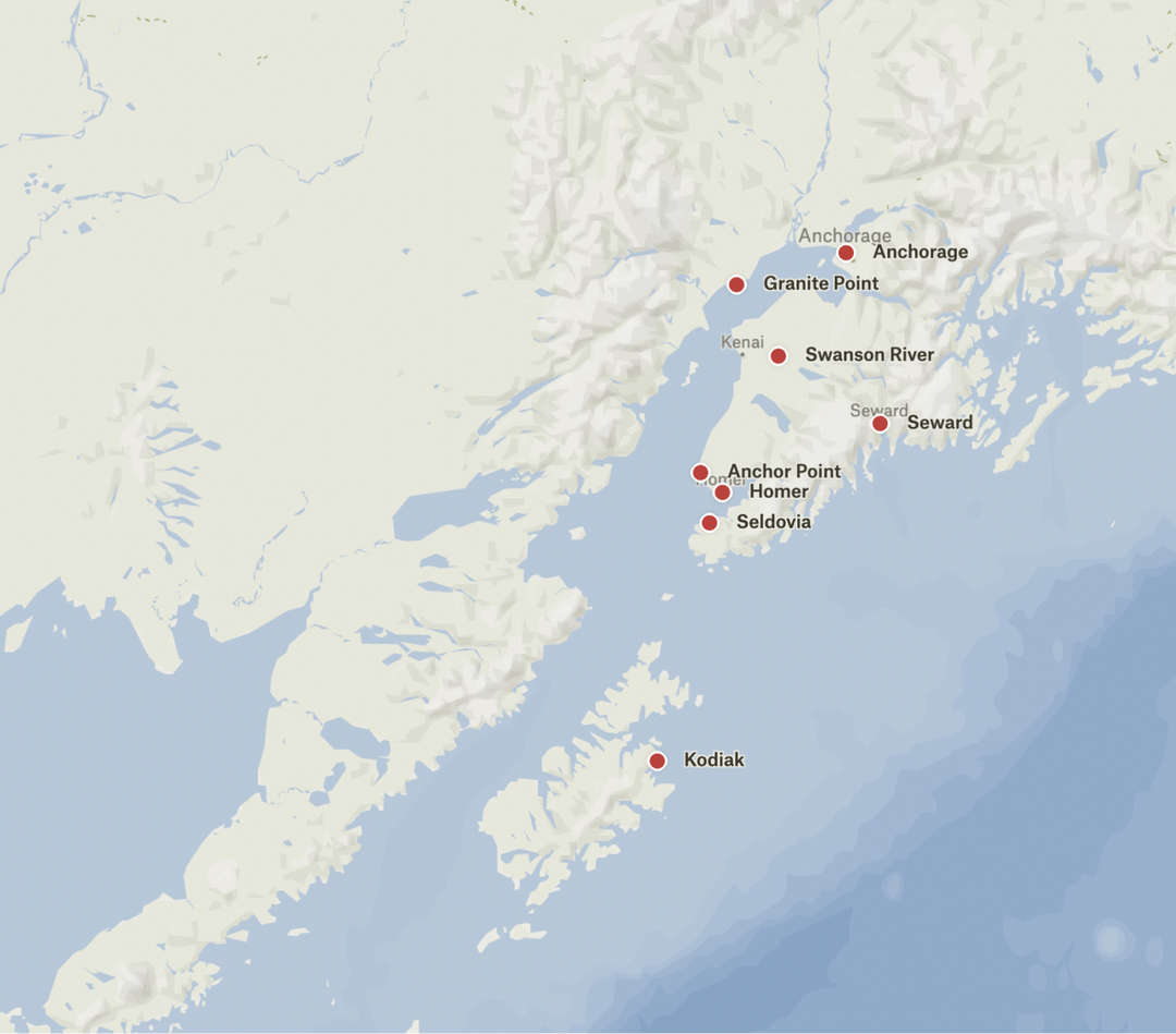 Map of locations in southern Alaska